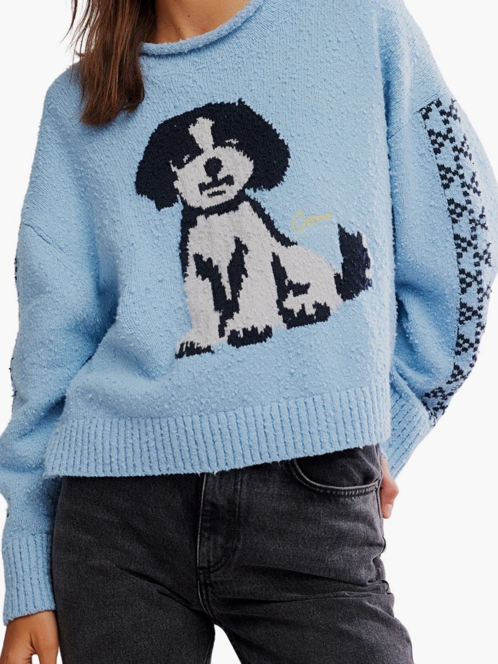 Free People Light Blue Dog Crewneck Sweater NWT